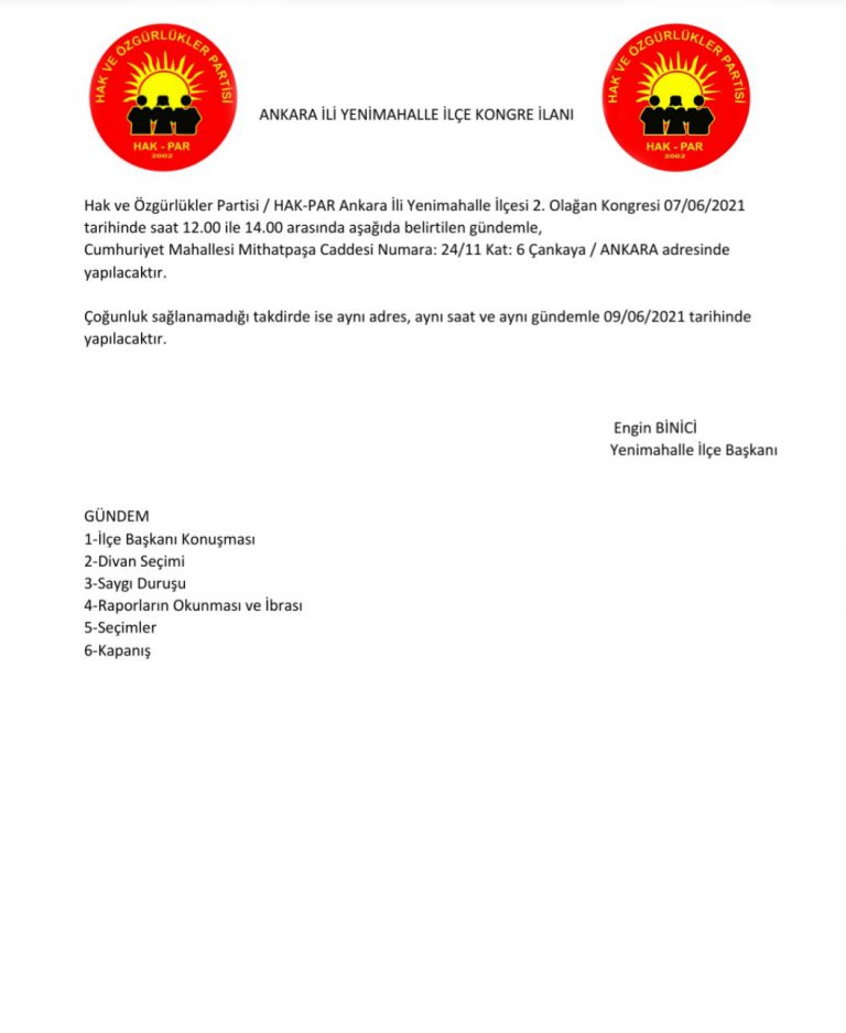 ANKARA İLİ YENİMAHALLE İLÇE KONGRE İLANI