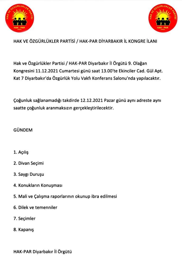 HAK VE ÖZGÜRLÜKLER PARTİSİ / HAK-PAR DİYARBAKIR İL KONGRE İLANI
